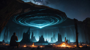 (best quality,4k,highres,masterpiece:1.2),ultra-detailed,realistic, HDR,UHD,studio lighting,historical,ancient humans encountering extraterrestrial beings for the first time,primitive humans,genuinely surprised humans,extraterrestrial beings,alien creatures,curious human expressions,ancient cave painting style,opaque cave walls,primitive tools,nighttime scene,shimmering celestial light,glowing unidentified flying objects(UFOs),awe-inspiring encounter,unsettling atmosphere,dark silhouettes,otherworldly presence,flickering fire,ancient cave walls adorned with mystic symbols,alien technology,interstellar meeting,prehistoric landscape,star-filled sky,mysterious object in the sky,powerful emotions,amazing discovery,unimaginable encounter,ancient mysteries,primitive art style,unexplained phenomena,inter-dimensional portal,transcendent experience,element of fear,boundless curiosity,prehistoric wonder,profound impact,paranormal encounter