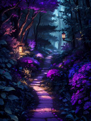 a purple and blue forest with a path leading to a lantern, anime lush john 8k woods, magical fantasy forest, enchanted magical fantasy forest, magic fairy forest, enchanted and magic forest, beautiful art uhd 4 k, magical forest backround, magical forest, magical forest in the background, digital painting highly detailed, fantasy forest landscape, 4k highly detailed digital art