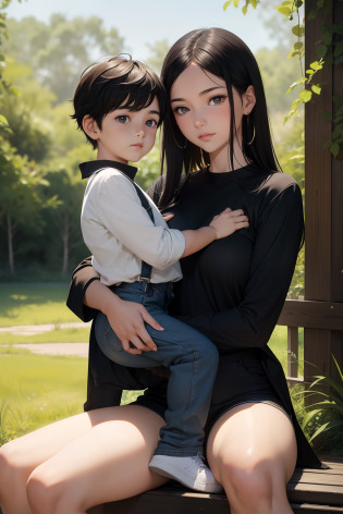 A young boy with overall sitting on his mom's lap, outdoor, the mom wears black shorts, the mom has big medium thighs, shiny skin, illustrations or oil painting style, ultra-detailed, realistic, vibrant colors, natural lighting