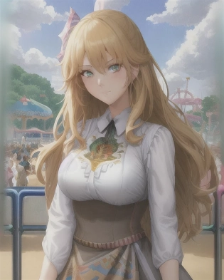 1girl, painting, portrait, painting of a girl at an amusement park, anime, morning, sun is shining, some clouds, natural hair color and eyes, cute outfit, anime face, art by artgerm and greg rutkowski and alphonse mucha, 8k, professionally color graded, depth of field, hdr, depth of field, unrealistic, not a photograph