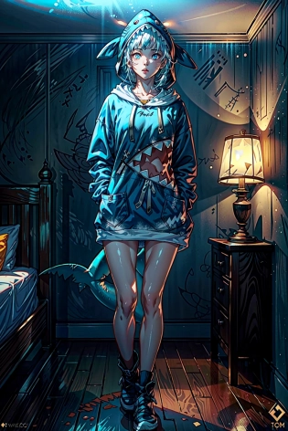 (full body:1. 5), dynamic pose, bedroom, gawr gura, (blue hoodie, shark hood, sharp teeth, shark tail), (toned stomach), (beautiful detailed eyes, symmetrical eyes), dynamic lighting, (realistic, photo-realistic:1. 4), (photon mapping, physically-based rendering), 8k, best illumination, hyperrealism, photography, <lora:add_detail:1>, <lora:gura:1>, <lora:koreanDollLikeness:0. 5>