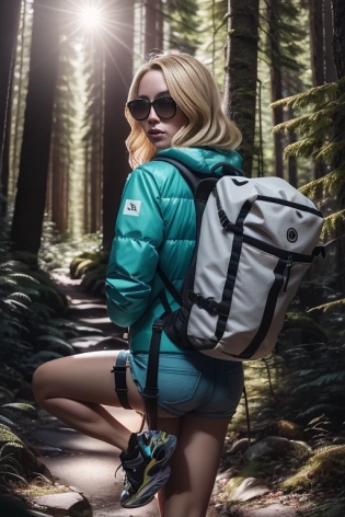 A real photo of a blonde instagram influencer taking a hike in the woods on a sunny warm day ultra real <lora:LowRA:0. 5> <lora:hipoly_3dcg_v7-epoch-000012:0. 5>