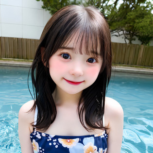 realisitic?photoRealstic?The ultra-detailliert?cute little?a smile?girl with?soio?beautidful eyes?A dark-haired?younger sister?swim wears?breastsout?japanes?The upper part of the body