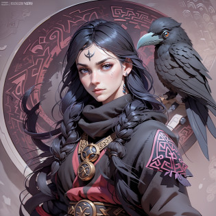 ruby guy, raven hair, long hair, bloodstones in his hair, glowing rubies adorn his hair, ancient rune pattern on the guy's cheeks, shamanic tattoo on his face, fog in the eyes, in the fog, eyes without pupils, empty eyes in the fog, emptiness in the eyes, fog, raven on the shoulder, celtic tunic, celtic clothes, raven, hood, ravens, golden runic patterns, high detail, digital painting, art station, concept art, matte, clear focus, illustration. very high resolution, masterpiece, amazing, trendy artstation, 8k, uhd, watercolor, postcard, full length, portrait.