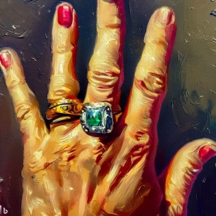 beautiful oil painting, of an old hand with 1 golden ring with a vivid red diamante and other finger with a silver ring with a vivid green emerald. the finger are pointing to the air and the hand have an old and profound scar, the hand must have only 5 fingers.