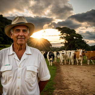 there is a person standing in a field with cows in the background, white man of 78 years, with hat, short hair, with village, in the field, beautiful surroundings, 78 years old Brazilian father, pastoral, on a farm, rural, with horse led, agricultural lands, Amazonian indigenous peoples in Brazil, profile image, farmer, men and cattle, ultra realistic details,  intricate, 4k