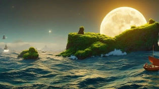 sea dazzling detailed foamy waves, huge mossy rocks, full moon, unreal engine, detailed, digital painting, cinematic, character design by mark ryden and pixar and hayao miyazaki, tiny ultra realistic sailing ship cinematic lighting, trending on artstation, 4k, hyper realistic, focused, extreme details, unreal engine 5, cinematic, masterpiece, unreal 5, daz, hyperrealistic, shot on Canon 5D, octane render