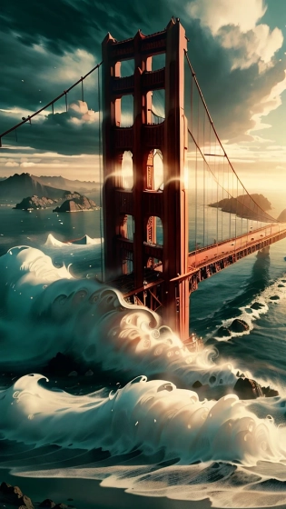<lora:GlowingRunesAIV3:. 9>, art by Andre de Dienes, Cycles render, Color splash, Sharp focus of a 1990'S Cloudy The Golden Gate Bridge detailed with Rubber patterns, FOV 90 degrees, Visual novel, Primitivism Art, Motion blur, Selective focus, HD, 8K