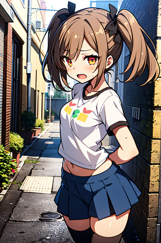 ??, Top  Quality, ultra detaild, 8K_wall paper, (beautifuleyes), ((a Pretty)), a Pretty, (Wonderful), (erotick),anime moe art style,1girls, Solo, Underwear, , pantyshot, Skirt, , ,,Mini skirt,1girls, Breasts,, blush, ,,, Brown hair, Shirt, , Twin tail,, trembling, , , Navel, , Dutch Angle, ,  cowgirl position,Small breasts, ,, girl on top,  Sweat,(((zettai ryouiki))),Wet T-Shirt:1.5,,Short sleeves,Open mouth,double tooth?See Through wear,White panties?En plein air?Back alley?pinch?Pushed down?Men