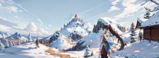 In this scene, you can see a Yunnan girl standing on a mountain, her hair tousled by a gentle breeze as she takes in the stunning view from the summit. Beside her is a giant katydid, its body several times larger than that of a typical katydid. With its massive forelegs planted firmly on the ground, the insect surveys the landscape in the distance. There's a feeling of stable diffusion in the air, as if everything is changing slowly and steadily. You can imagine the mountain breeze blowing across the Yunnan girl's face, bringing a refreshing breath of air that the giant katydid also feels. This stable diffusion creates a sense of tranquility and harmony, as if everything is flowing naturally.