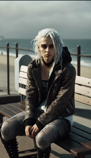hyper realistic photograph, leather jacket, braided white hair, sad eyes, model pose, freckles, full body, sitting on bench, beach background, heavy makeup, Kodak portra 800, magic hour, city background --ar 9:16