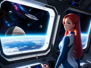 girl in a tight jumpsuit looking at the window of a space ship, anime, manga, digital art, digital painting, divine, celestial, elegant, stunning environment, hyperrealism, insanely detailed