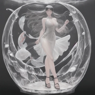 fashion ad for stylish dress sandals with quality leather uppers and huge chunky glass wedge soles made from transparent glass, glass wedge soles contain water and a koi fish, fashion runway background, photorealism --q 3 --v 5