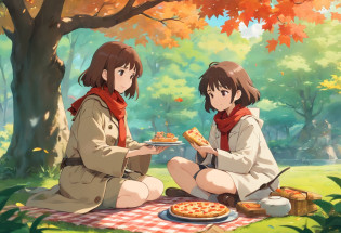 Two teenage girls sitting under a maple tree have a picnic?Japanese manga style?A young girl in a trench coat?Wear a scarf?Another teenage girl wore a beanie?There is pizza on the floor?panini?Small cake?Fruit pie?high tea?some books?Japanese healing system?