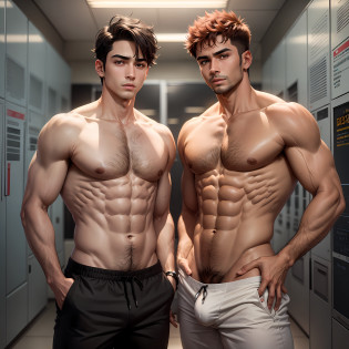 2 men, 1 sexy 16-year-old Indian teenager boy, along with another red-haired man, his young physical education teacher, the teacher has a small beard, only the teacher has chest hair, the teacher is 42 years old, only the teenager and him teacher alone, hyperrealism, real person, realistic, ultra high definition, high resolution, both with no clothes, both with firm and sexy pecs, with a square face, short wavy hair, brown eyes, very brown skin with teenage hair, fair skin the confident and mischievous teacher, no backlight, alone in men's locker room in high school, teacher taller than teenager, making rude pose, frontal, full body shot, male figure --auto --s2