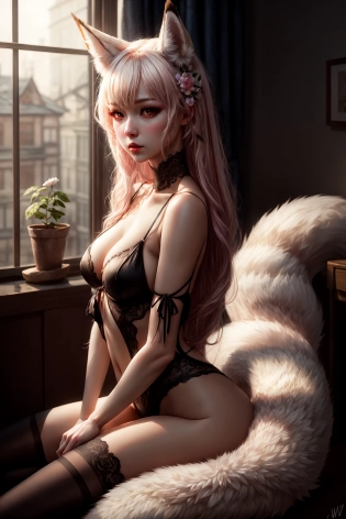 fluffy nine-tailed fox girl by Wlop and Guweiz, Hyper-realistic, photography, real, professional, 8k, soft natural lighting. <lora:add_detail:1>