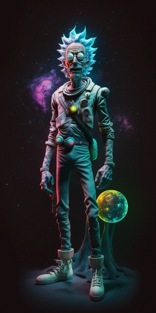 Full body portrait of movie character, Hyper realistic Rick Sanchez and Morty like a God flying in space Rick Sanchez and Morty flying in front of a big magical planet, strong features, Rick Sanchez and Morty like a Gods, Rick Sanchez and Morty clothes, neon space glow in the dark colors, hyper detailed, shot on Hasselblad H4D 200MS Digital Camera, Mitakon Speedmaster 65mm f/1. 4 XCD, Galaxy, Dimensional effect, Fresnel lighting --q 5 --ar 1:2 --s 1000