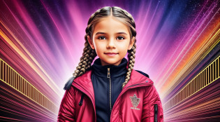 Girl child 10 years old, Russian blonde in braids, com roupa de jaqueta de couro vermelha, Estilo retrato, fundo preto e vermelho, uma bola de disco prateada com um reflexo de espelho sobre ela, bola de discoteca, bola de discoteca no fundo, prata brilhante, arte digital.