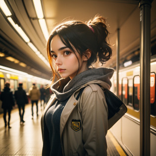 Obra maestra,La mejor calidad,fotorrealista,Renderizado realista,1girl,chestnut,Disparo de vaquero,perfil,Noche,Disparo nocturno,a girl inside a subway station,subway train passing behind her,Desenfoque de movimiento,Film grain:1.2,Chaqueta de invierno,bufanda,Confort radiante, Hora dorada, Ambiente acogedor