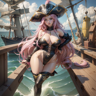 Fluttershy, Fluttershy from my little pony, Fluttershy in the form of a girl, pink hair, lush hair, long hair, blue eyes, big breasts, voluminous breasts, bulging breasts, firm breasts, pirate, pirate costume, yellow suit, pink boots on the ship, pirate hat, birds fly, yellow wings