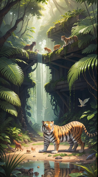 a paisamge of a tiger, monkey, horses, birds, reptiles and other animals in a jungle, detailed beautiful animals, wildlife illustration, animal painting, full of fauna, wild animals, lush wildlife, majestic pose, bright fauna, horses, monkeys, birds, reptiles, wildlife drawing, in jungle, peaceful looking animals, jungle nature, animal world --auto --s2