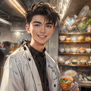 A young handsome male chef stands next to a snack cart?With a smile on his face?Holding a bowl of clear soup in his hand?Detailed close-up of faces?in the style of the stars art group xing xing, 32K, Best quality, Masterpiece, Super detail, High details
