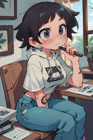 masterpiece, best quality, high detailed, concept art, (anime:0.55), (nsfw:0.25), sitting in chair, tattoo artist, tattooing, sitting down tattooing someone, short black hair, pretty eyes, plain clothes, normal clothing, cowboy shot, pretty, very pretty, beautiful lighting, pretty girl, big breasts, thick thighs, tiny waist, white, asian, Caucasian, light skin, bent over, deep in thought, dynamic angle, perspective, head down in thought, focusing on drawing, focused on tattoo, pants, jeans, shirt, hoodie, holding pencil, holding tattoo gun