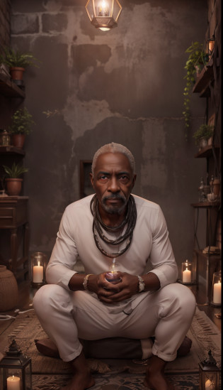 Crie uma imagem hiper realista de um homem velho afrodescendente, 80 anos, olhos brilhantes, cansados e triste, pele negra, cabelos  branco, roupa branca , Seed cords around the neck. The decoration should be old brick wall with several lit candles, with candlelight lighting. Several candles lit on the floor, with a lot of smoke in an intimate and religious environment. Use a Sony A7 III camera with an 85mm lens at an aperture setting of F 1.2 para desfocar o fundo.  Richness in the features of the face, boca e olhos. Crie uma imagem ultrarrealista que captura a beleza natural e a personalidade, dramatic lighting, ............................3d, VFX, 9:16 cinematic lighting, Estilo Phock, Estilo UltraVector, hyper realistic, cinemactic, Ultra High Definition, HDR, cinemactic, Realistic, precision detailed (moldura para foto) cintura), imagem central, Estilo, bioluminescente, tamanho real 8, 8K resolution