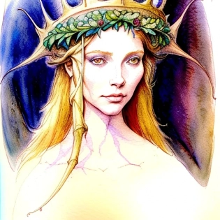 Brian froud watercolor sketch illustration iris compiet style fae creature wild woods forest crown thorns tree branches soft high cheekbones hollow face thin gelfling the dark crystal faerie thra watercolor soft blending