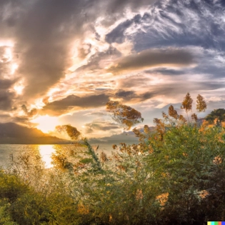 Ultrawide, ��lake of Annecy�� with golden ratio style, 4K , foreground is prairie, light is Golden hour, sky with red Clouds, ultrarealistic, Cin�maScope, ultra wide format, ratio 16/9, 1/1000 sec, maximum resolution, Sharp details