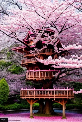 THE CHERRY BLOSSOM TREE HOUSE :: beautiful ornate treehouse in a gigantic pink cherry blossom tree :: on a high blue grey and brown cliff with light snow and pink cherry blossom trees :: Roger Deakins and Moebius and Alphonse Much and Guweiz :: Intricate details, very realistic, cinematic lighting, volumetric lighting, photographic, --ar 9:20 --no blur bokeh defocus dof --s 4000