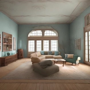 High resolution photography interior design, dreamy sunken living room conversation pit, wooden floor, small windows opening onto the garden, bauhaus furniture and decoration, high ceiling, beige blue salmon pastel palette, interior design magazine, cozy atmosphere; 8k, intricate detail, photorealistic, realistic light, wide angle, kinkfolk photography, A+D architecture