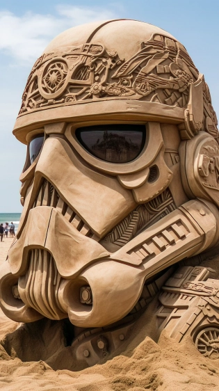sand sculpture in the likeness of a stormtrooper, on the beach, intricate details and stunning design