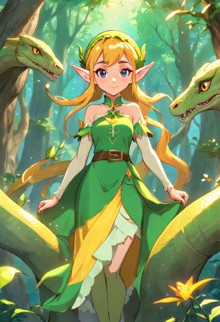 Waldpython, (Beautiful elf girl, umgeben von Waldpythons:1.5)(extrem detailliertes CG unity 16k Hintergrundbild:1.1), (Entrauschung der Festigkeit: 1.45), (tmasterpiece:1.37), (Full body posing:1.4:), Ganzl�nge, Dynamischer Winkel, Sternenhimmel, naturgetreue Textur, Seitliche Beleuchtung, funkeln, Leuchtendes Licht, raytracing, UHD
