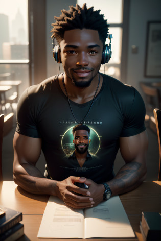 hyper realistic, ultra detailed photography of black man, smiling, green t-shirt, with headphones, sitting, looking straight ahead, at podcast table, glowing, sunlight, fractal details, depth of field, HOF, hall of fame, beautiful face detailed, apocalyptic environment, natural body posture, professional photographer, captured with professional DSLR camera, trends on Artstation, 64k, ultra detailed, ultra precise detailed, bokeh lighting, surrealism, Thomas Kinkade background, urban, ultra unreal engine, WLOP, Pauline Vo� , Pascal Quidault, , Christian Schob, Martina Fackova, intricate, epic, freckles, peach fuzz, detailed mascara