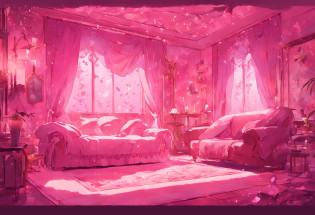 a brightly lit room with a couch and a rug in it, magical colors and atmosphere, magical colours and atmosphere, dreamy atmosphere and drama, brightly lit pink room, the walls are pink, pink zen style, very magical and dreamy, magical environment, fantastically gaudy colors, beautiful and aesthetic, floral environment, beautiful aesthetic, beautiful aesthetic design, bed of flowers on floor