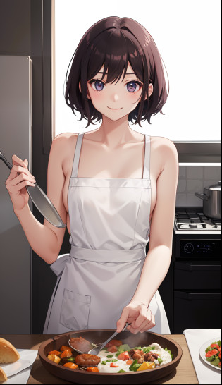 1girl in?A smile?Cooking in your room?barechested?Wearing only an apron???small tits???