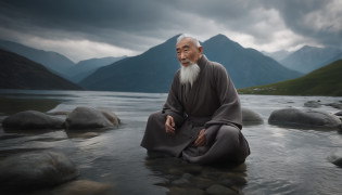 Imagine Zen Old Man, Gray robe, largeeyes, Smile and meditate, Face the camera, Full body photo, Frontal photo, The background is alpine flowing water, Chinese wind, the detail, Cinematic light, High quality --ar 3:4[Pictures], ?.?.?.3D, surrealism, Cinematic lighting, hyper HD, Super detail, Textured skin, hyper HD, ccurate, Textured skin, High details