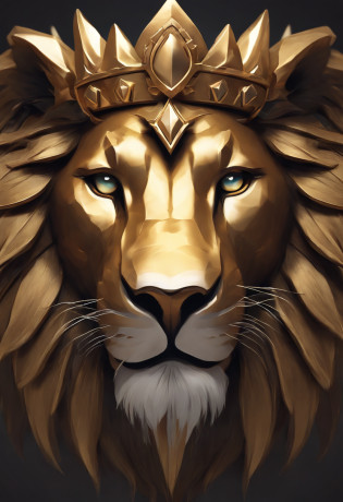 Close-up of a metal lion's head with a crown, hearthstone art style, hearthstone art style, Hearthstone style art, hearthstone concept art, Riot game concept art, third lion head, style of league of legends, iconic character splash art, league of legends champion,Metal shield?Game badges?Surrounding metal feathers