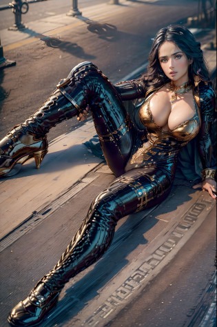 (((best quality))), (((masterpiece))), solo, super fine photo, full body picture Unreal Engine 5 8K UHD, beautiful Salma Hayek, face detailed, wearing skin tight latex catsuit with gold lace, latex collar, latex gloves, latex long socks with straps, arm and leg cuffs, unified 8k wallpaper, hyper detailed, sharp focus, sitting in the urban city.