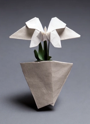 A origami of an orchid made of crumbled paper, by Greg Rutkowski, trending on artstation, intricate d�tails, 8k, Negative prompt: Colorfull