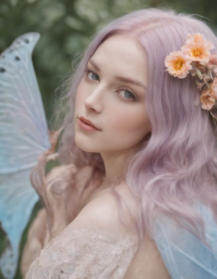 pink color hair and butterfly wings fk yalis kimi iro, in the style of light azure and amber, pre-raphaelite-inspired, playful collage, light violet and light indigo, made of flowers, organic material, painterly style,upper body
