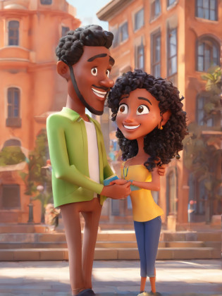 an illustration that highlights a man and a woman with beautiful, expressive eyes - the man's hair is straight and black, while the woman's hair is short and curly and also black. They are placed on a bright campus, each carrying books, and sharing a special moment characterized by love, laughter, and educational insights. Illustrate this scene from a perspective where they are facing away from the camera, showcasing their connection. Develop this artwork in Full HD, focusing on its cinematic touch.