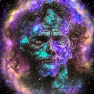 a close up of a person with a purple and blue background, portrait of a cosmic entity, strange portrait with galaxy, in the astral plane ) ) ), astral appearance, galactic dmt entity, nebula aura surrounding subject, glowing black aura, cosmic entity, galactic entity, galactic deity, cosmic horror entity, quality astral projection render, portrait of a cosmic god, astral ethereal