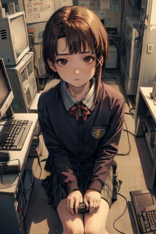 ((masterpiece, best quality;1.3)), ultra detailed, 1girl, solo,Lain Iwakura (Serial Experiments Lain),school uniform, looking at viewer,cute girl, lying, cyber punk, lots of computers, <lora:LainIwakuraSerialExperimentsLain0:1> 
lots of big CRT monitors, hacker's room, lots of power cordS,lots of power keyboards, FROM above, <lora:add_detail:1>, white board,