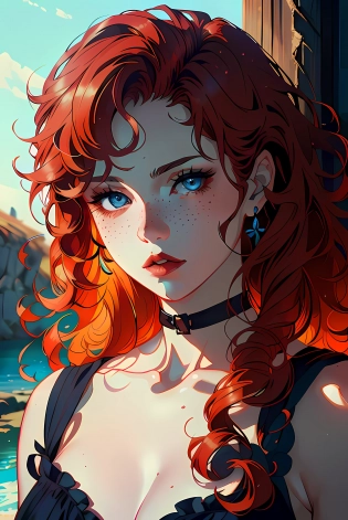 A portrait of an extremely beautiful pale skinned 25 year old merida, blue eyes with freckles full, wide lips & messy curly red hair, graphic manhwa art style, 8k high quality, UHD, HDR, 8K, (Masterpiece:1. 5)Model: Dark Sushi 2. 5D