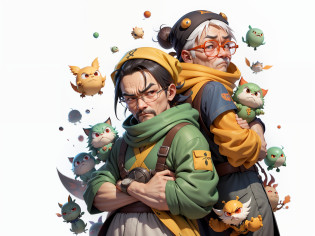 Aalfed man in headscarf and dragon shirt, Pengyin Yin J - Jiang Geping, Zeng Fanqian, Chen Xintong, Huang Huifeng, Liang Xing, Huang Guangjian, Leng Jun, Lin Xiang, Lin Qifeng, Luo Qisheng, Pan Chengwei, Wang Wei, Duan Xiang, Digital Painting, Mark Clairenden and Pixar and Hayao Miyazaki and Akira Toriyama 3D character design, the illustration is a 4K resolution HD illustration with very detailed facial features and cartoon style visuals.