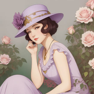 A drawing of a woman in a purple dress and hat sitting on a rose bush, inspirado em Harrison Fisher, in illustration style digital, beleza art nouveau mulher, art nouveau illustration, Retrato Art Nouveau, Anime Art Nouveau Coreano, mucha estilo 4k, Anime Art Nouveau, inspirado em Gerda Wegener, art deco illustration