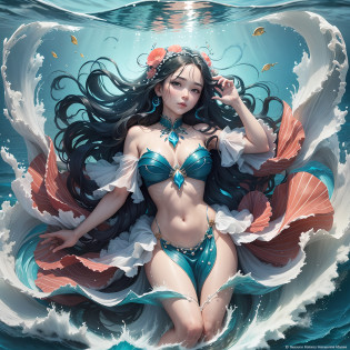 In this picture, the ocean is personified as a graceful, mysterious and elegant female figure.

Her figure is soft and remarkable, floating lightly in the water. Her skin is smooth and moist like a wave, showing the deep blue of the deep sea, seductive and mysterious.

On top of her head hung long, messy seaweed, like flowing hair. The seaweed is dotted with pearls and shells, shining with colorful colors, like her jewelry.

Her face is full of wisdom and serenity, and her eyes are like a deep ocean, revealing mystery and endless tolerance. The eyes contain the knowledge and love of the sea, and they are the eyes that care for and shelter life.

Her hands float gently, as if guiding the tides and fluctuations of the ocean. The fingers shimmer with the glow of coral and gemstones, symbolizing the wonders and treasures of the seabed.

In her background, the ocean stretches into the distance, and the waves are rough, showing the vastness and grandeur of the ocean. At the same time, you can also see a variety of marine life in the water, such as dolphins, starfish, corals, etc., which accompany her, symbolizing the richness and diversity of marine ecology.

The whole picture exudes a mysterious and tranquil atmosphere, representing the beauty and richness of the sea.

The painting conveys praise and respect for the ocean. By personifying the ocean into a mysterious and elegant female figure, the importance and charm of the ocean to human life and the natural world is highlighted.

Overall, this female figure personifying the ocean presents a graceful, mysterious and elegant image, highlighting the grandeur and mystery of the ocean --auto --s2
