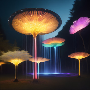 Envision a digital realm where technology harmoniously melds with nature: cybernetic trees with silvery metallic trunks, branches intertwined with LED veins glowing under real, rustling leaves. Witness a cascade of codes, a digital waterfall, where bits and bytes stream down transparent liquid-crystal screens, illuminating the night with their neon brilliance. In this realm, AI-powered animals roam, indistinguishable from their real counterparts but with movements and sounds orchestrated through intricate coding. Amidst this backdrop, a meadow of solar-powered flowers comes alive; they bask in daylight, storing energy, and come nightfall, they shimmer, each petal radiating a unique luminescence. The very winds in this realm sing; as they blow, sensors detect their speed and direction, and in response, they play melodies, each gust a new song. Here, in this fusion of technology and nature, we are reminded of the delicate balance between the ceaseless march of innovation and the timeless beauty of the world around us.